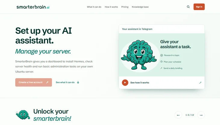 The smarterbrain.ai homepage: Set up your AI assistant. Manage your server.