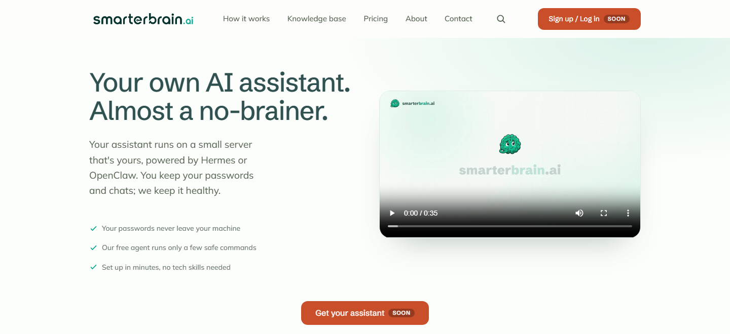 The smarterbrain.ai homepage: Your own AI assistant. Almost a no-brainer.