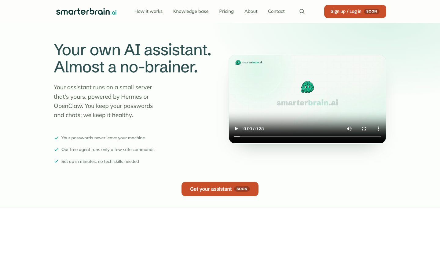 The smarterbrain.ai homepage: Your own AI assistant. Almost a no-brainer.