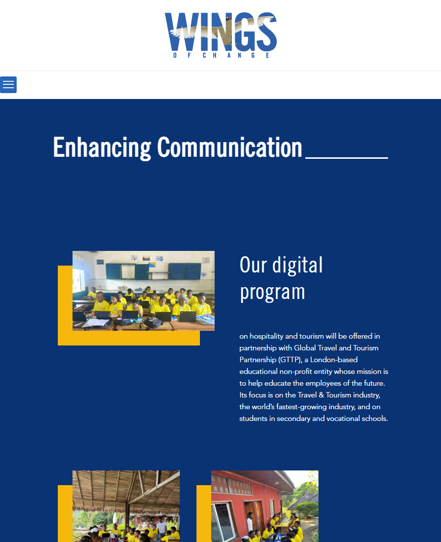 Wings of Change digital program webpage featuring students in Madagascar learning on laptops