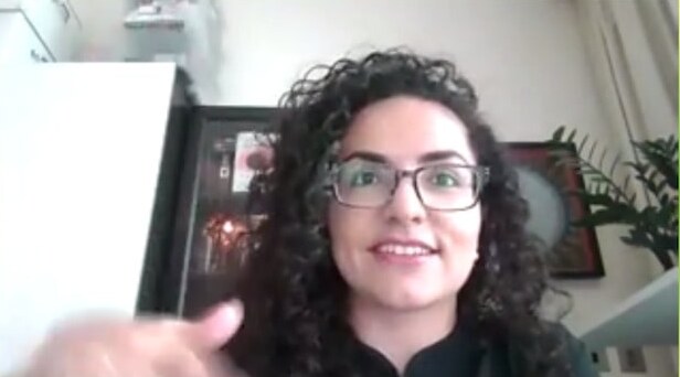 Sanaz Hanke live on a video call, teaching a Wings of Change class from Dubai